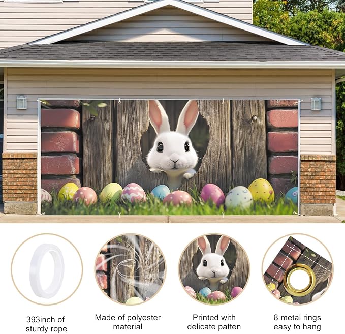 ANNA QUEEN Easter Bunny Garage Door Banner 6x13FT, Cute Rabbit Peeking Through - Image 4