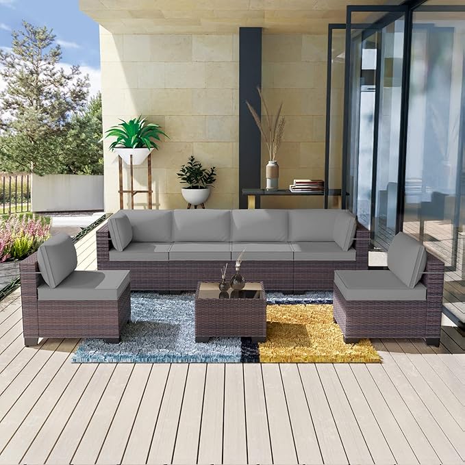 Kullavik 7 Pieces Outdoor Patio Furniture Set, Sectional Rattan Sofa Set Brown by KULLAVIK