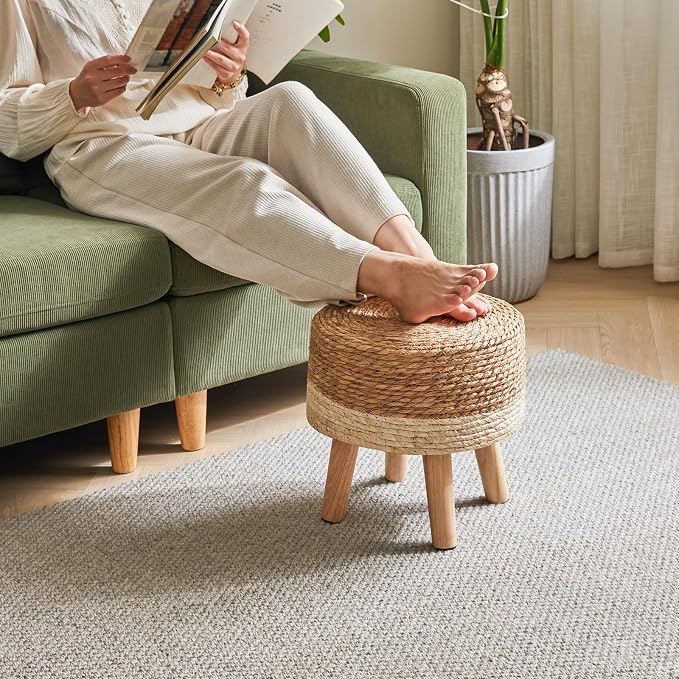 YMYNY Foot Stool Natural Seagrass Hand Weave, 12.6" Small Ottoman, Round - Image 6