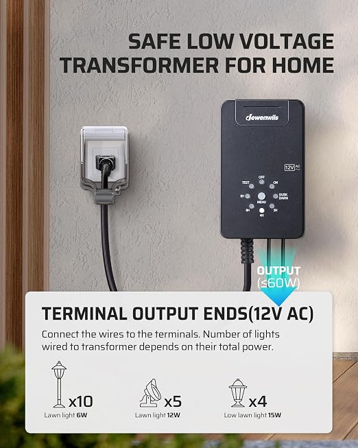 DEWENWILS 60W Low Voltage Landscape Transformer, 120V AC to 12V AC Outdoor - Image 5