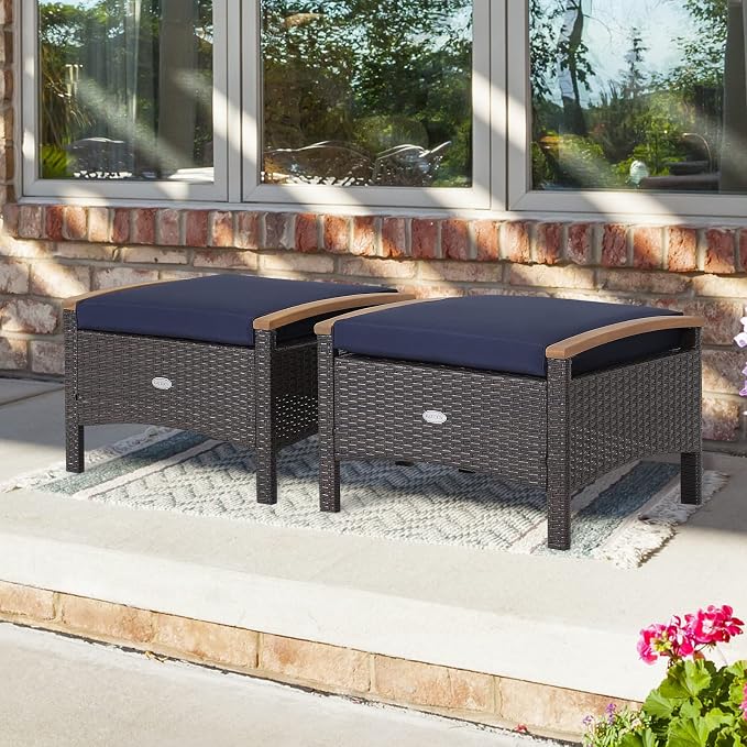 Tangkula 2 Piece Patio Rattan Ottomans, Outdoor Wicker Footstool w/Acacia Wood - Image 2