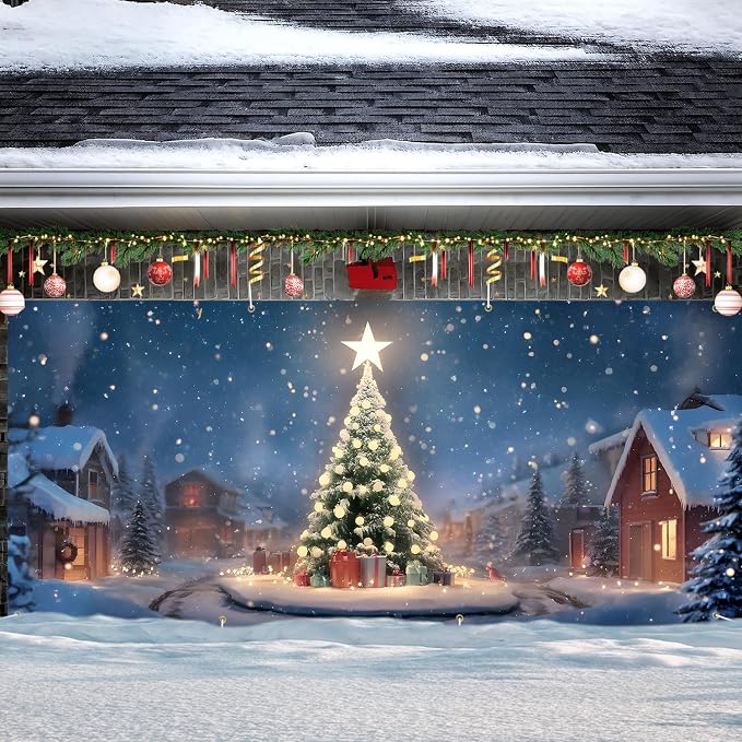 Christmas Garage Door Banner 6x13FT, Night Village Christmas Tree Scene - Image 7