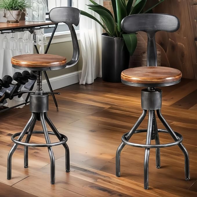 LOKKHAN Set of 2 Rustic Industrial Bar Stool-24-30 Adjustable Metal Swivel - Image 2