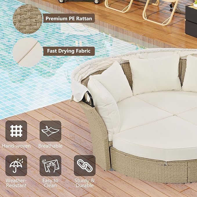Outdoor Patio Daybed Wicker Rattan Double Daybed Round Sofa Furniture Set - Image 8