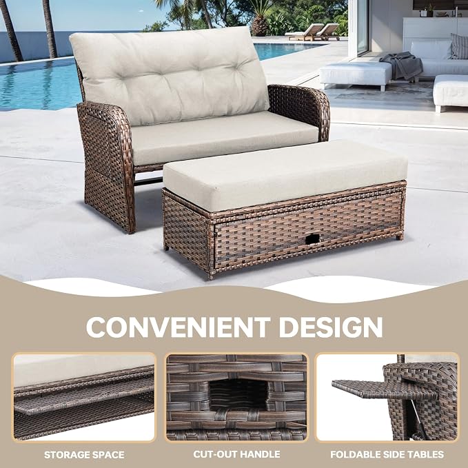 Patio Rattan Daybed, Wicker Recliner Loveseat - Image 5