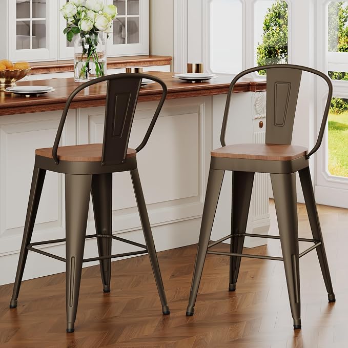 ALISH 30 Inch Industrial Bar Stools Set of 2, High Back Metal Barstools - Image 3
