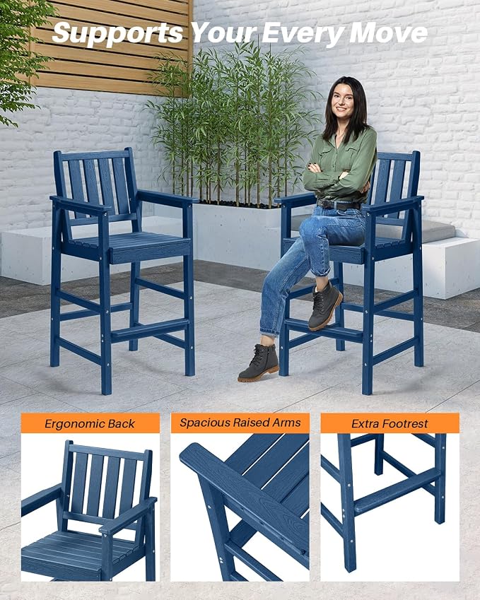 3 Pieces HDPE Outdoor Patio Bar Set, Rectangular Outdoor Bar Height Table and - Image 8