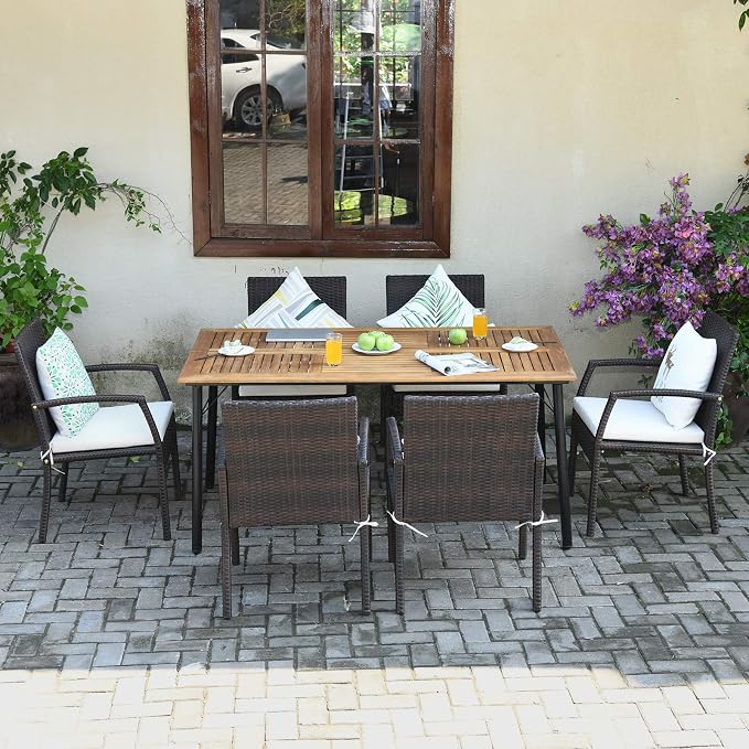Tangkula 7 Pieces Patio Dining Set, Acacia Wood Wicker Dining Furniture Set - Image 4