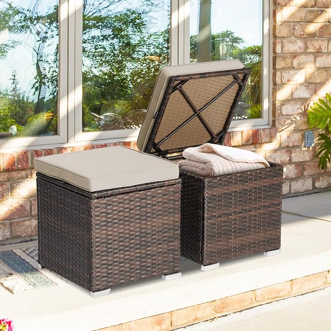 Tangkula 2 Pieces Patio Ottomans, Patiojoy Hand-Woven PE Rattan Side Table - Image 4