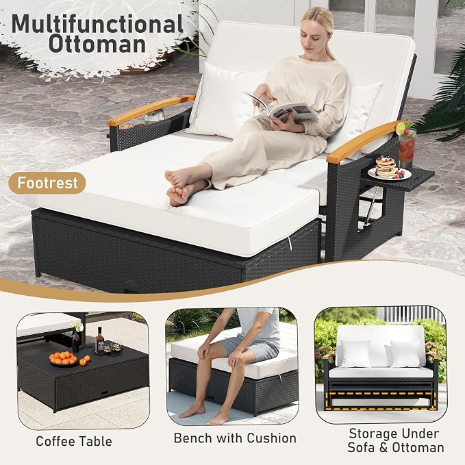 Moccha Outdoor Wicker Daybed, Patio Rattan Loveseat Sofa w/ 4-Level Adjustable - Image 4