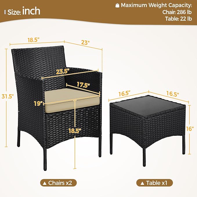 Yaheetech 3 Pieces Patio Conversation Set, Outdoor Rattan Bistro Furniture - Image 3