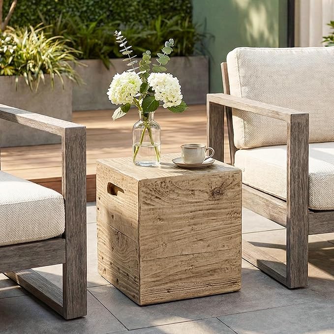 COSIEST Wooden Outdoor Side Table, Square MgO Concrete End Patio Side Table by COSIEST
