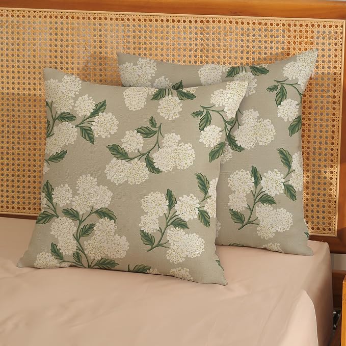 Beige Spring Pillow Covers 18x18 Inch 2 Pcs Khaki Green Hydrangea Flower Decor - Image 2