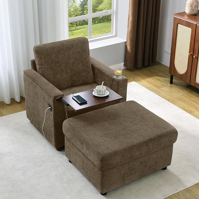 Modern Accent Chairs with Storage Ottoman Set, Chenille Reading Armchair with by ElevyolivFurniture