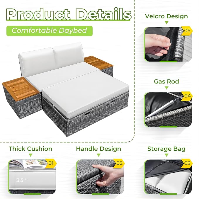 Greesum Outdoor Daybed Set Multifunctional Wicker Lounge Bed Furniture - Image 6