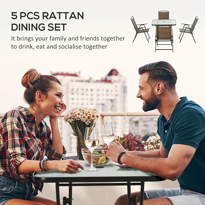 Outsunny 5 Pieces Wicker Patio Dining Set, Foldable Outdoor Table and Chairs - Image 3
