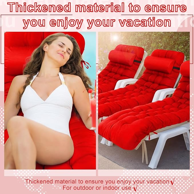 Tudomro 2 Pcs Bright Red 66'' Outdoor Chaise Lounge Cushion Waterproof Patio - Image 5
