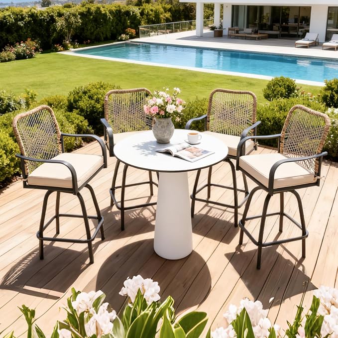 Patio Swivel Bar Stools Set of 4, Outdoor Rattan Height Bar Patio Swivel Chairs - Image 2