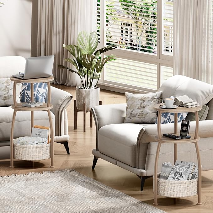 Small Side Table with Storage Basket, Space Saving Round End Table 3-Tier - Image 6