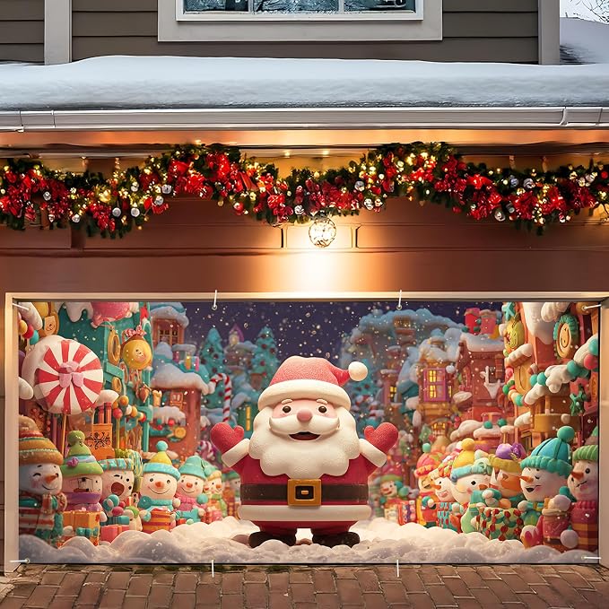 Cute Santa Christmas Garage Door Decorations 6x13FT, Cartoon Snowman Town by ANNAQUEEN