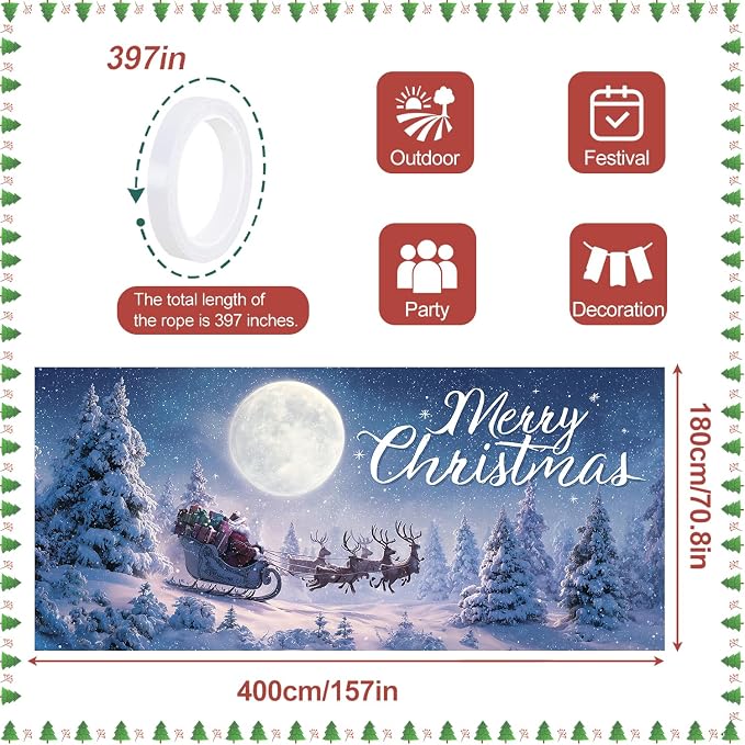 Merry Christmas Santa Sleigh Garage Door Decorations 6x13FT, Flying Reindeer - Image 4