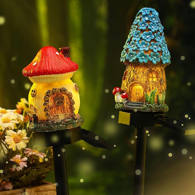 2 Pack Fairy Outdoor Garden Fairy House Mushroom Solar Light Home Statue LED - Image 5