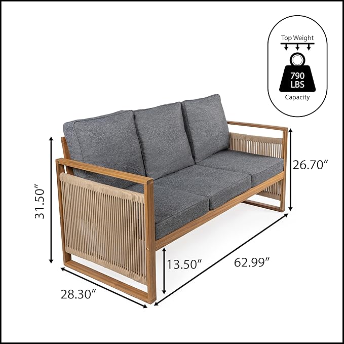 JONATHAN Y SFB1002B Gable 3-Seat Mid-Century Modern Roped Acacia Wood Outdoor - Image 3