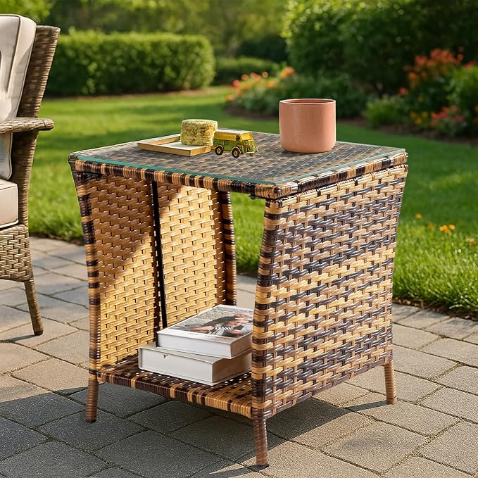 VINGLI Outdoor Wicker Side Table Patio Side Tables - Image 2
