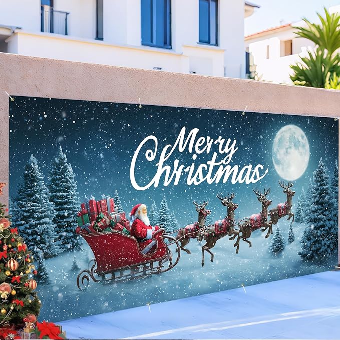 Merry Christmas Red Sleigh Garage Door Banner 6x13FT, Santa - Image 6
