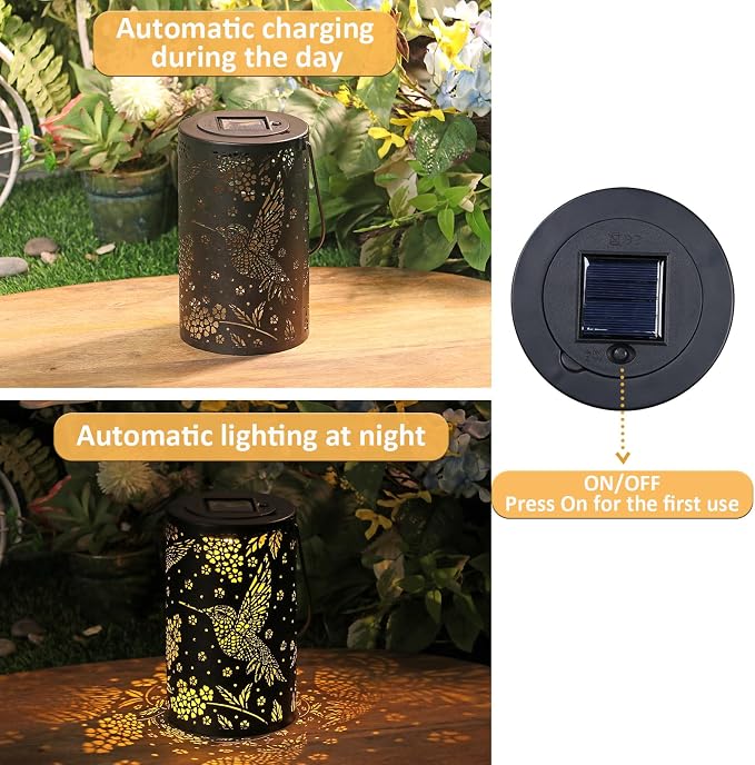 Hummingbird Solar Lantern Outdoor Hanging Waterproof LED Lights, Metal Bird - Image 4