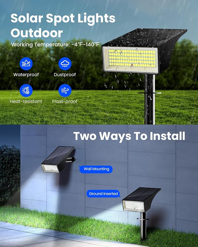 Koicaxy Solar Spot Lights Outdoor Waterproof IP65, 100 LEDs 4 Lighting Modes - Image 6