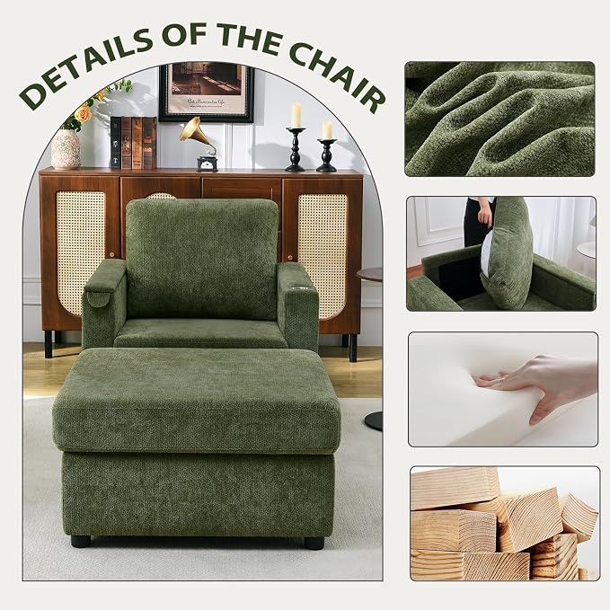Modern Accent Chairs with Storage Ottoman Set, Chenille Reading Armchair with - Image 4