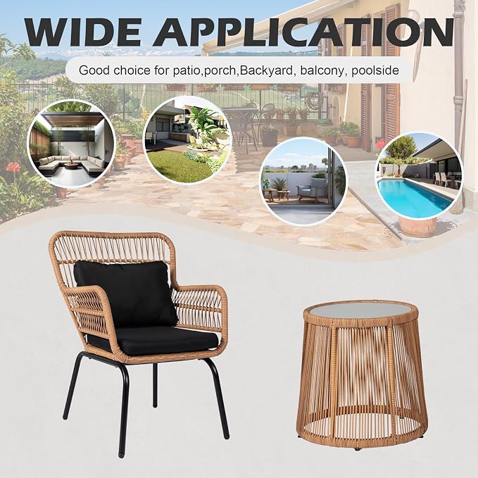 3 Piece Outdoor Wicker Furniture Bistro Set, Rattan Chairs Conversation Sets - Image 7
