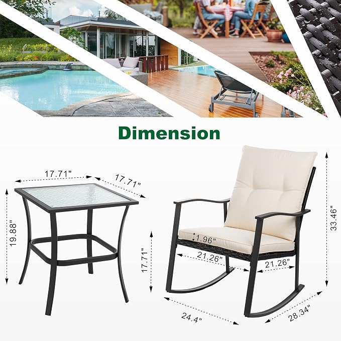 Shintenchi Outdoor 3-Piece Rocking Bistro Set, Wicker Patio Furniture Porch - Image 4