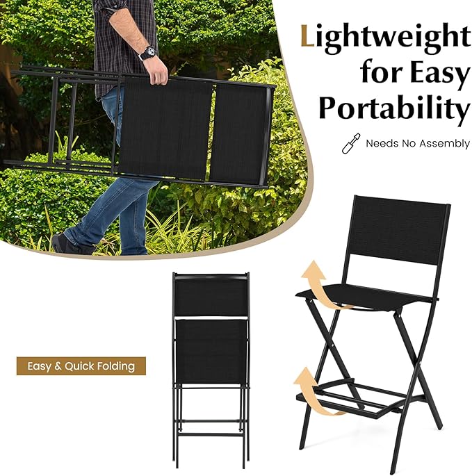 COSTWAY Outdoor Patio Bar Chair Set of 2, Folding Bar Height Stool - Image 3