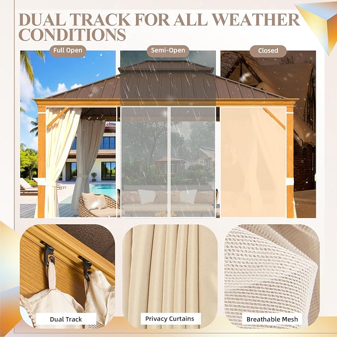 YOLENY 12' x 14' Hardtop Gazebo, Wood Grain Aluminum Frame Canopy - Image 5