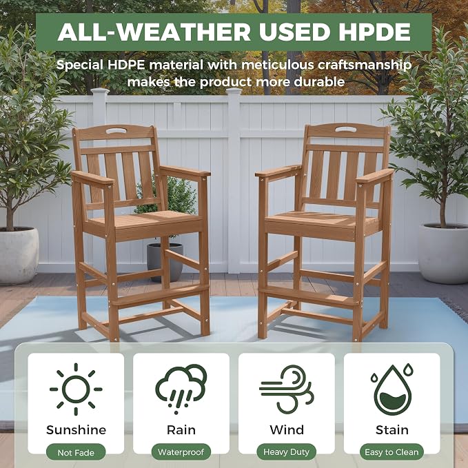Outdoor Patio Tall Adirondack Bar Chairs Set of 2, All-Weather HDPE Bar Height - Image 2
