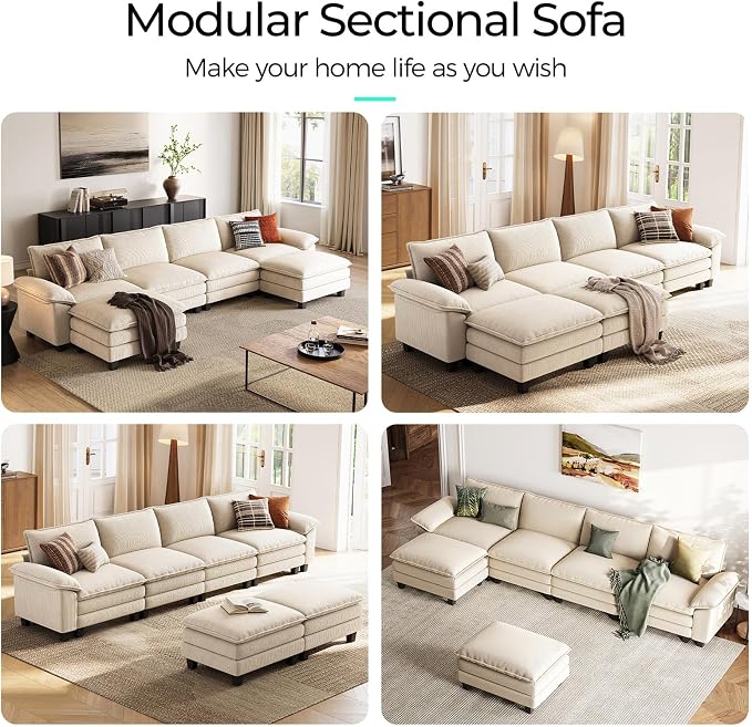 LINSY HOME 157'' Modular Sectional Sofa Beige Couch Corduroy Cloud Couches - Image 6