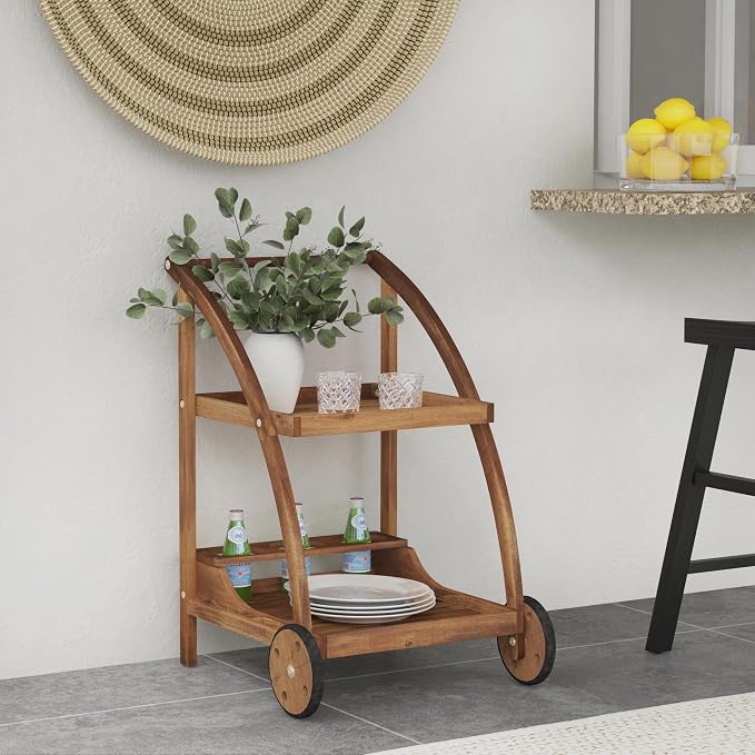 Linon Chandler Acorn Finished Acacia Wood Outdoor Bar Trolley - Image 2