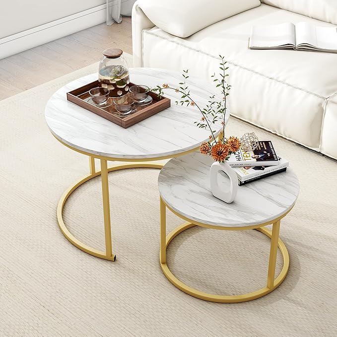 HOJINLINERO Round Coffee Table, Nesting Coffee Table Set of 2, Center Tables by HOJINLINERO