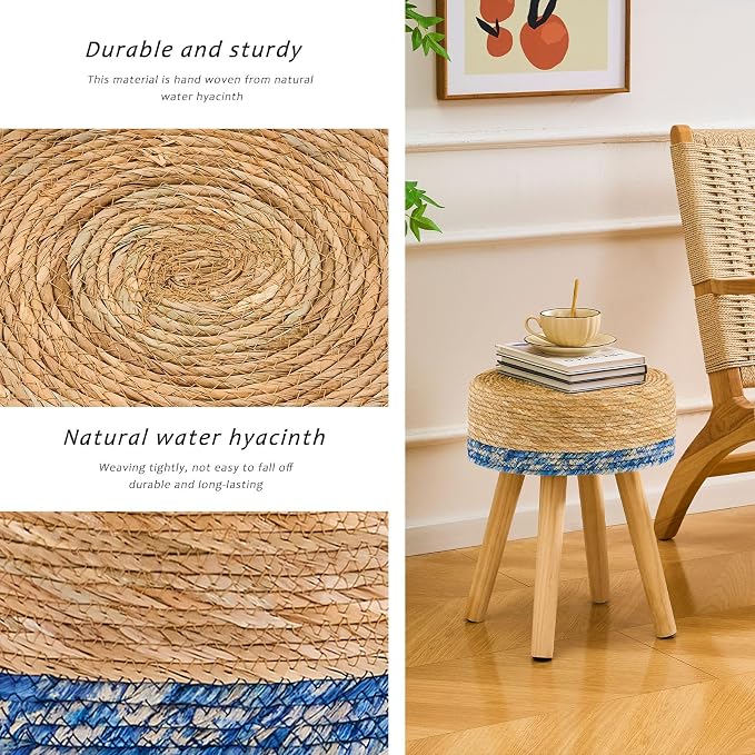 Handwoven Outdoor Ottoman, Water Hyacinth Pouf Round Patio Footstool - Image 5
