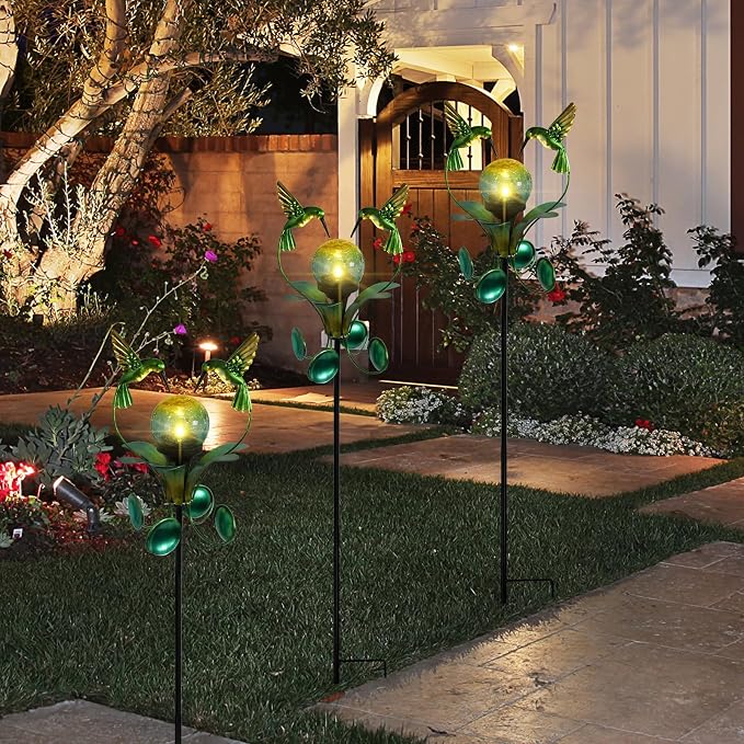 Solar Lights Outdoor Metal Garden Stake Waterproof Crackle Glass Globe Garden - Image 7