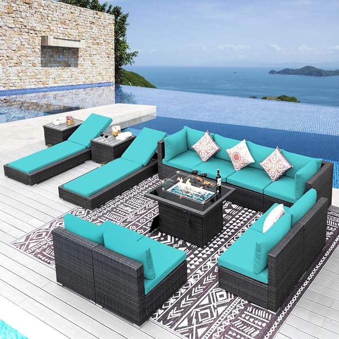 NICESOUL 13 Piece Outdoor Sectional w/Fire Pit Table, Luxury Modular Patio by NICESOUL