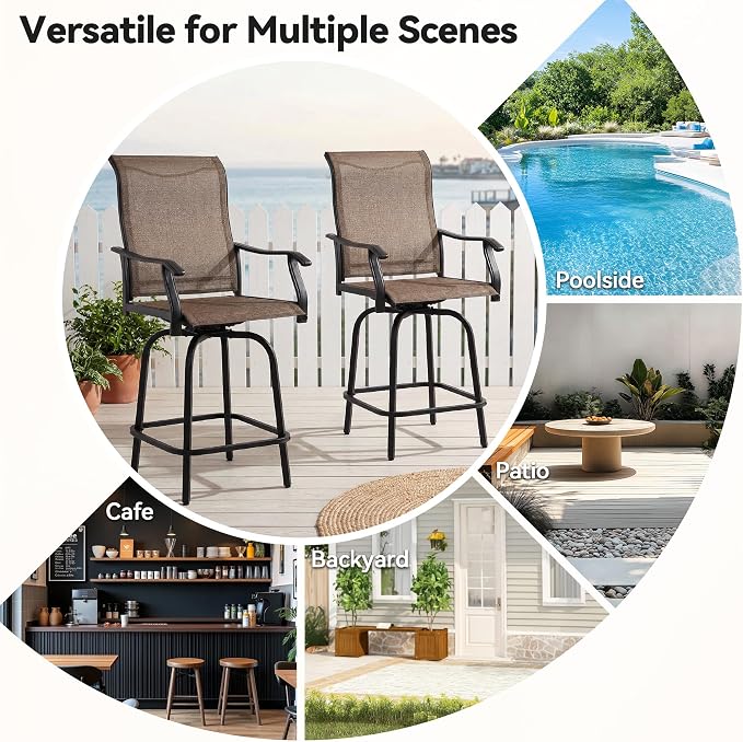 Outdoor Swivel Bar Stools Set of 2, All-Weather Metal Patio Bar Height Chairs - Image 7
