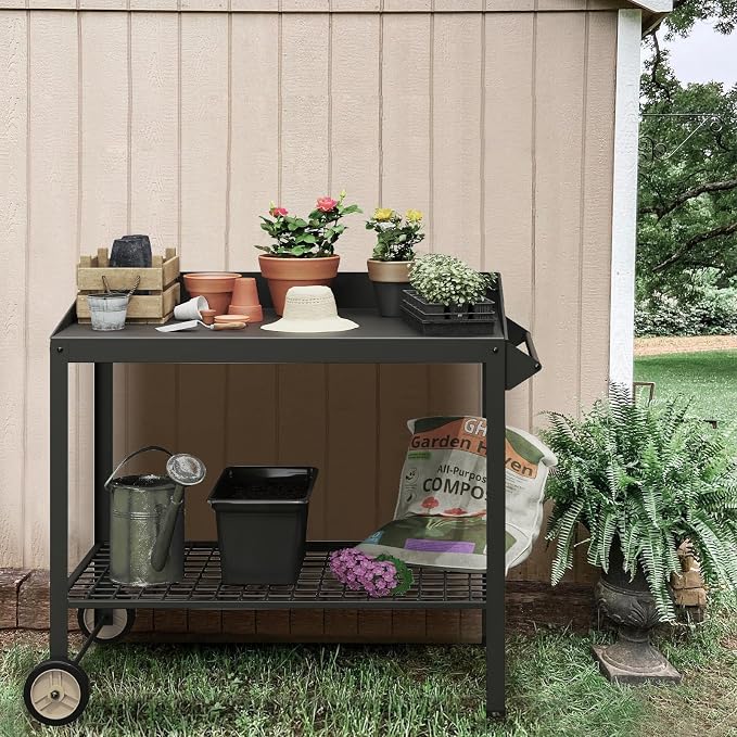 Metal Potting Bench with Wheels Planting Table - Image 2