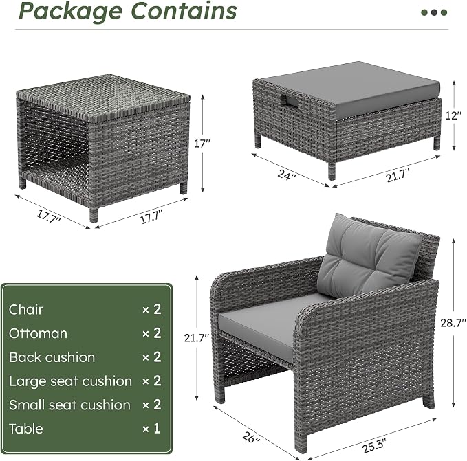 LHBcraft Balcony Furniture 5 Piece Patio Chairs Conversation Set, PE Wicker - Image 6