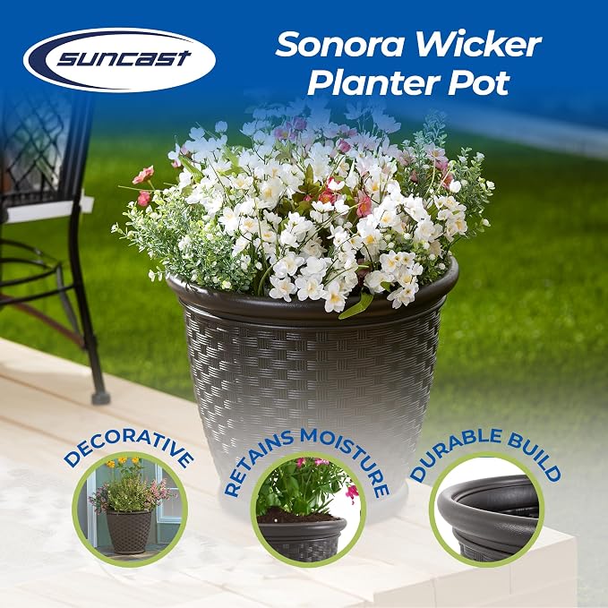 Suncast Sonora 18 Inch Lightweight Durable Plastic Wicker Decorative Flower - Image 2