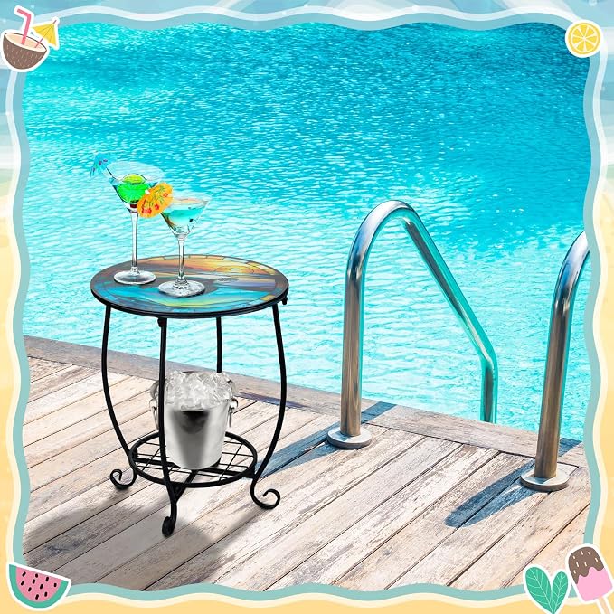 Outdoor Side Table Round Small Mosaic Patio Accent Indoor End Plant Coffee Tea - Image 2