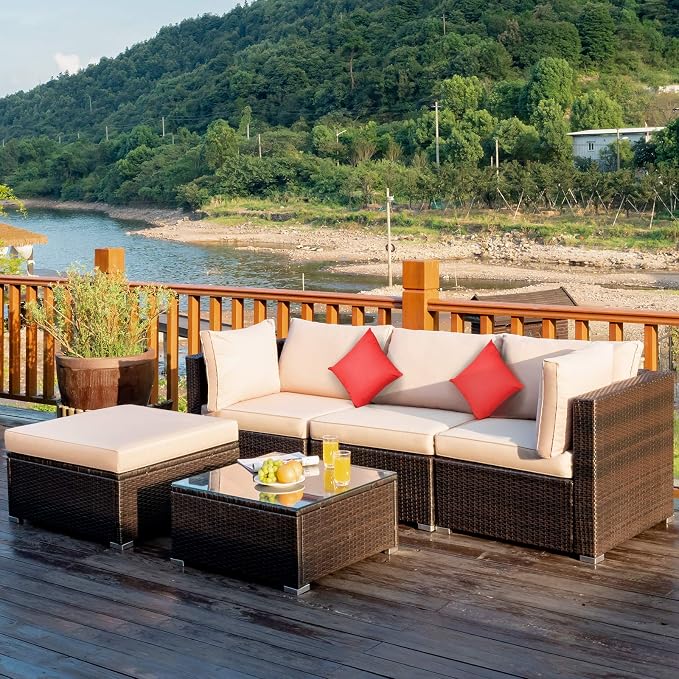 Tangkula 5 Pieces Patio Rattan Furniture Set, Outdoor Sectional Rattan Sofa Set by TANGKULA
