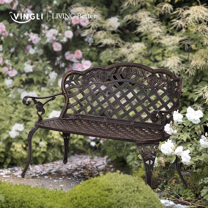 VINGLI 42.5" Patio Garden Bench Outdoor Metal Rose Loveseat, Cast Iron Cast - Image 7
